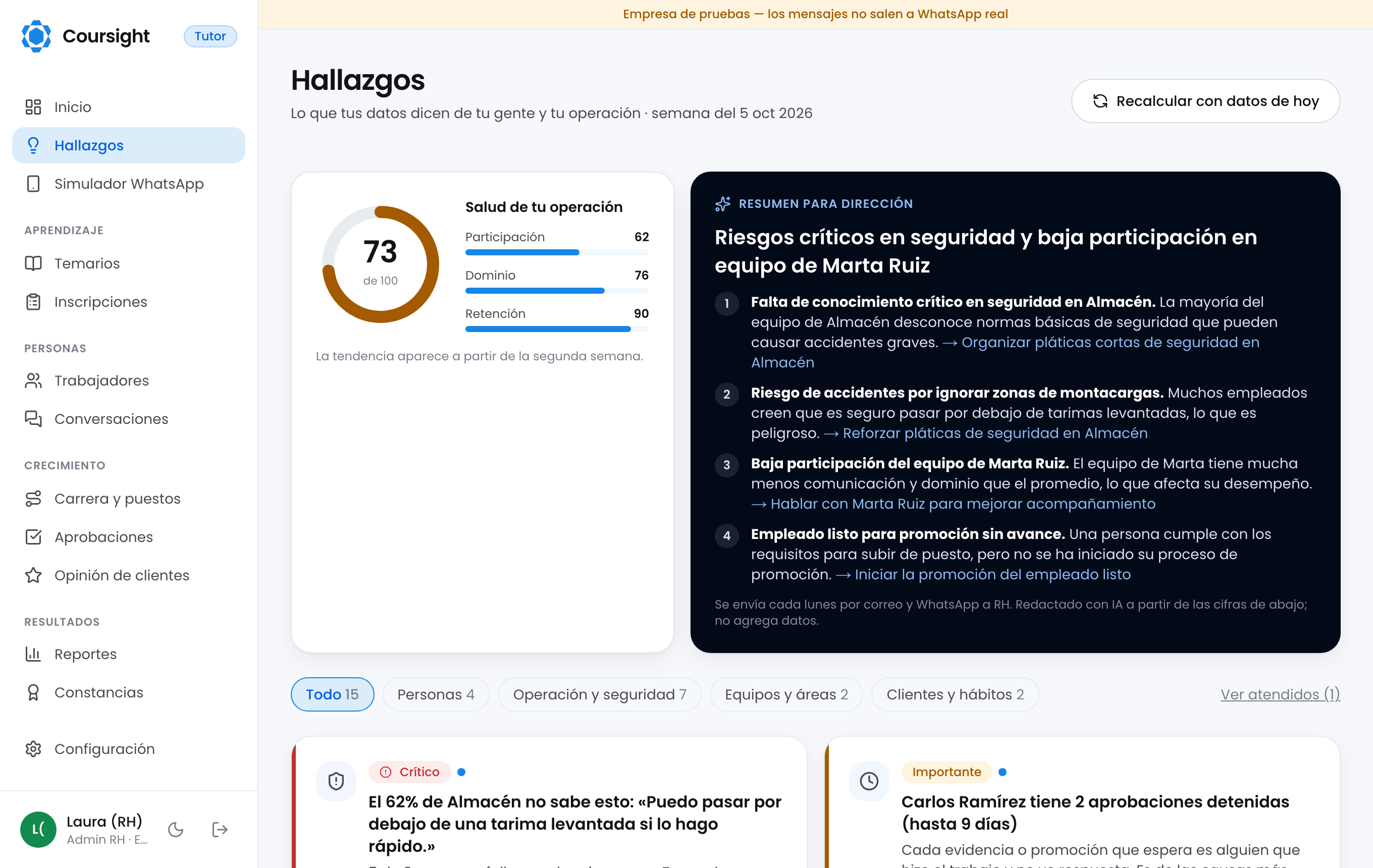 Página de hallazgos del panel de Coursight con datos de demostración